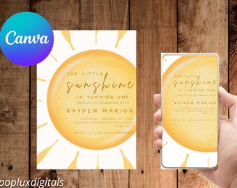 Sunshine Invitation | Our Little Sunshine | Sun Invitation | Our Little Sunshine Invitations |  Editable Sunshine 1st Birthday Invitation |
