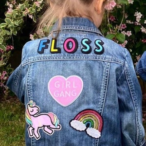 Unicorn personalised denim jacket // Rainbow gift for kids, custom name, girl gang, sequin, sparkles, unicorn lover, xmas girls outfit image 1