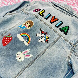 Personalised custom denim jacket kids unisex patch multicoloured name image 8