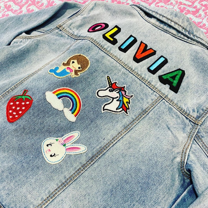 Personalised custom denim jacket kids unisex patch multicoloured name image 8