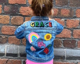 Personalised Kids Denim Jacket: Custom Name Patches, Unisex Gift