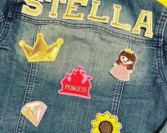 Princess personalised denim jacket // gifts for girls, customised name, pink, castle, gold sequin crown, girls birthday outfit, toddler