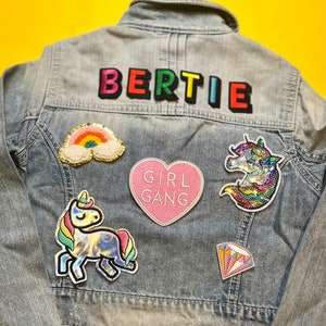 Unicorn personalised denim jacket // Rainbow gift for kids, custom name, girl gang, sequin, sparkles, unicorn lover, xmas girls outfit image 2