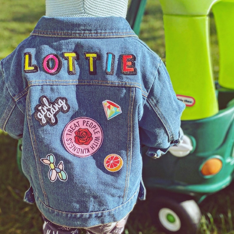 Personalised custom denim jacket kids unisex patch multicoloured name image 1