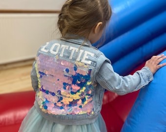 Girls sequin denim jacket // personalised, custom name,  kids party wear, sparkle outfit