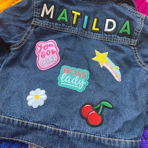 Personalised custom denim jacket kids unisex patch multicoloured name image 5