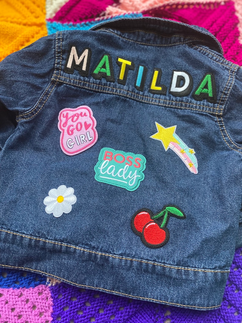 Personalised custom denim jacket kids unisex patch multicoloured name image 5