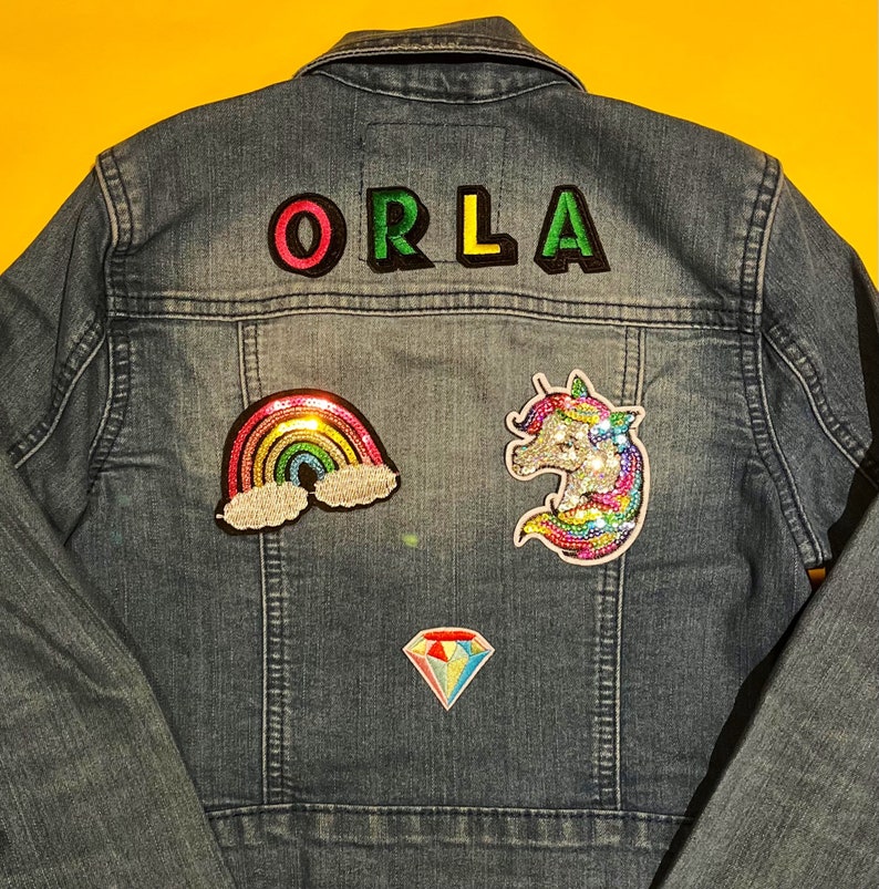 Unicorn personalised denim jacket // Rainbow gift for kids, custom name, girl gang, sequin, sparkles, unicorn lover, xmas girls outfit image 3