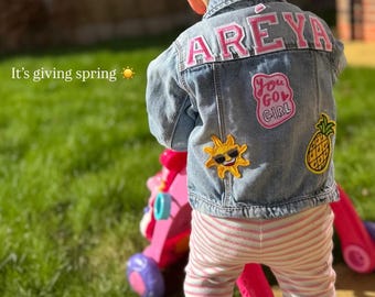 Personalised Toddler Denim Jacket: Preloved Kids Clothes, Pink Name Patch