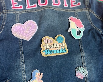 Mermaid personalised denim jacket // Custom name gift for kids, christmas present girl, sequin, sparkles, ariel lover, xmas girls outfit