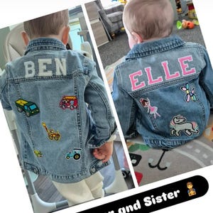 May include: Two children wearing denim jackets with personalized patches. The boy's jacket has the name "BEN" on the back and features various vehicle patches. The girl's jacket has the name "ELLE" on the back and features a unicorn, a ballerina, and a butterfly patch. The caption below the image reads "Brother and Sister".
