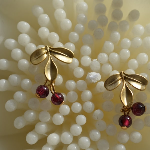 Garnet Earring. Stud Drop Earring, Delicate Stud Earring, Red and Gold Jewellery.