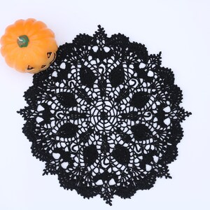Black Crochet Doily with cat and bat motifs