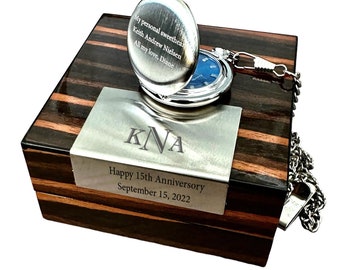 Custom Engraved Pocket Watch With Engraved Wooden Gift Box: Quartz, Blue Dial, Brushed Chrome, Groomsmen Pocket Watch, Anniversary Gift