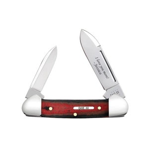 May include: A red and black Case XX pocket knife with a personalized inscription that reads "I love you more! - Jessica".