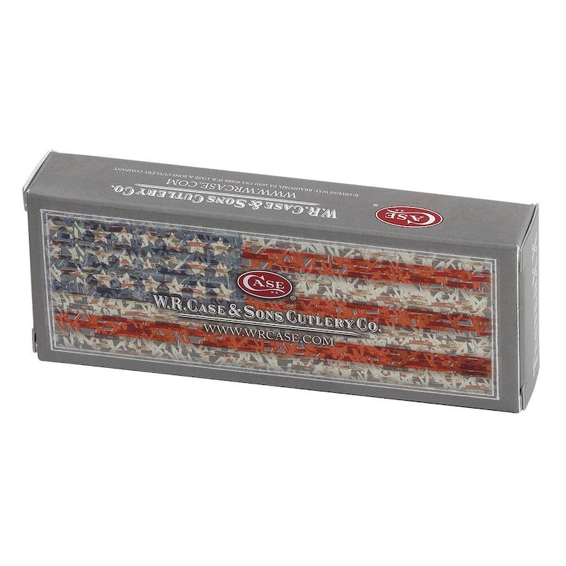 May include: A gray cardboard box with a red, white, and blue American flag design. The box has the text "W.R. Case & Sons Cutlery Co." and "www.wrcase.com" printed on it.