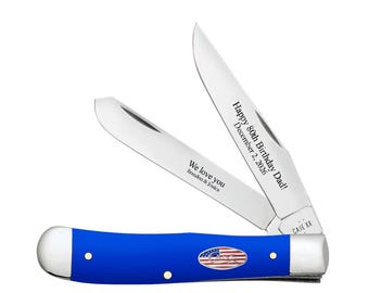 Custom Engraved Case Knife: Royal Blue Synthetic Smooth Trapper, USA made