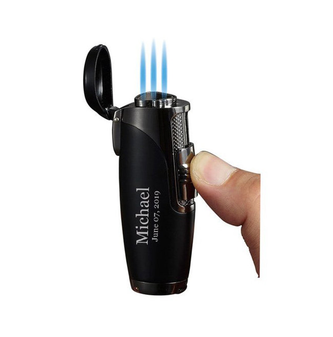 Cigar Lighter Engraved, Black Matte Triple Torch Lighter Engraved