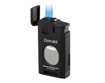 Custom Engraved Refillable Cigar Lighter: Black Cracle Finish, Triple Torch Flame, Built-in Cigar Cutter