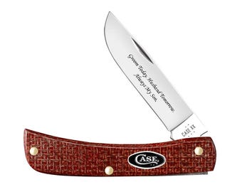 Custom Engraved Case Sod Buster Jr Pocket knife: Dark Red Burlap, USA made