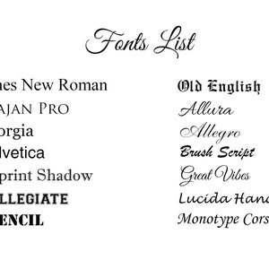 May include: A list of fonts, including Times New Roman, Trajan Pro, Georgia, Helvetica, Imprint Shadow, Collegiate, Stencil, Old English, Allura, Allegro, Brush Script, Great Vibes, Lucida Handwriting, and Monotype Corsiva.