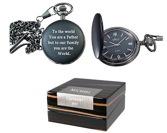 Custom Engraved Pocket Watch With Engraved Wooden Gift Box: Quartz, Black Matte Finish, Groomsmen Pocket Watch, Anniversary Gift