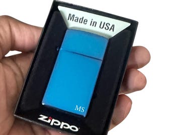 Custom Engraved Zippo Slim High Polish Blue Lighter: Refillable Windproof Pocket lighter, Made in USA