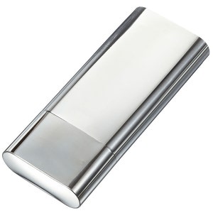 May include: A silver metal case with a rounded edge. The case is closed and has a smooth, reflective surface.