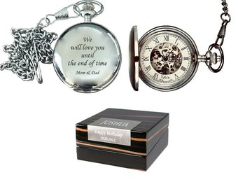 Custom Engraved Mechanical Pocket Watch With Engraved Wooden Gift Box: Polished Chrome, Roman Dial, Groomsmen Pocket Watch, Anniversary Gift