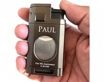 Custom Engraved Refillable Cigar Lighter: Triple Torch Flame, Built-in Guillotine Cigar Cutter, Fathers Day Gift, Anniversary Gift