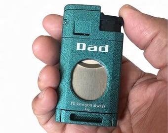 Custom Engraved Refillable Cigar Lighter: Green Finish, Triple Torch Flame, Built-in Cigar Cutter