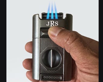 Custom Engraved Refillable Cigar Lighter: 4-in -1, Quad Torch, Guillotine Cutter, V-Cut Cutter, Cigar Punches and Poker, Anniversary Gift