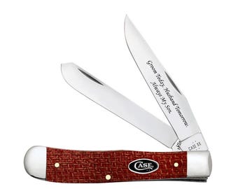Custom Engraved Case Trapper Pocket knife: Dark Red Burlap, USA made