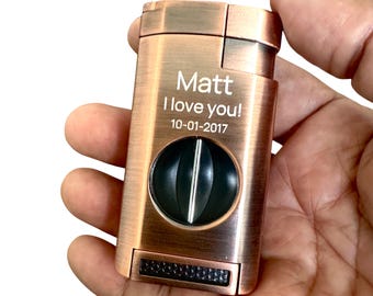 Custom Engraved Copper Finish Cigar Lighter: Triple Flame, Built-in V-Cut Cigar Cutter, 7th anniversary gift, Copper Anniversary gift