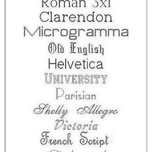 May include: A list of different font styles, including Roman 3x1, Clarendon, Microgramma, Old English, Helvetica, UNIVERSITY, Parisian, Shelly Allegro, Dictoria, French Script, and Balmoral.