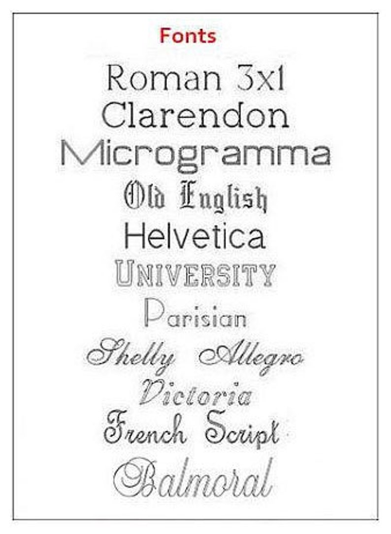 May include: A list of different font styles, including Roman 3x1, Clarendon, Microgramma, Old English, Helvetica, UNIVERSITY, Parisian, Shelly Allegro, Dictoria, French Script, and Balmoral.