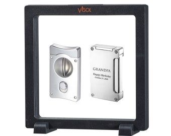Custom Engraved Set of Cigar Lighter & V-Cut Cigar Cutter: Built-in Cigar Punch Dual Flame Lighter with  62 Ring Gauge Cigars Cutter
