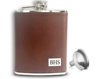 Custom Engraved 6oz Brown Leather Stainless Steel Hip Flask with Funnel, Anniversary Gift