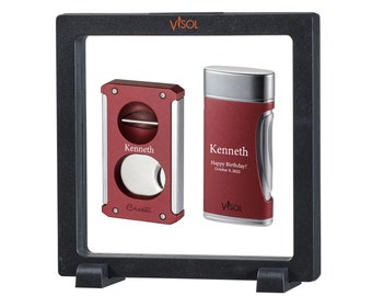Custom Engraved Set of Cigar Lighter & Cutter: Double Torch Lighter, Double Guillotine and V-Cut Cigar Cutter, Anniversary Gift