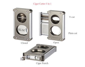 Custom Engraved V-Cutter Cutter: 4-in-1 - Double Guillotine, V-Cut Cutter, Cigar Punch and Cigar Rest, Fathers day Gift, Anniversary Gift