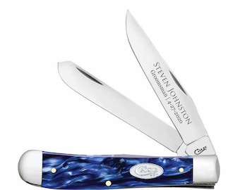 Custom Engraved Case Mini Trapper Pocket Knife: Blue Pearl Kirinite Handle, USA made