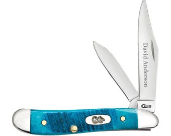 Custom Engraved Case Peanut Pocket Knife: Caribbean Blue Bone Handle, USA made
