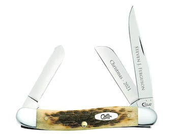 Custom Engraved Case Stockman Knife: Amber Bone Handle, USA made