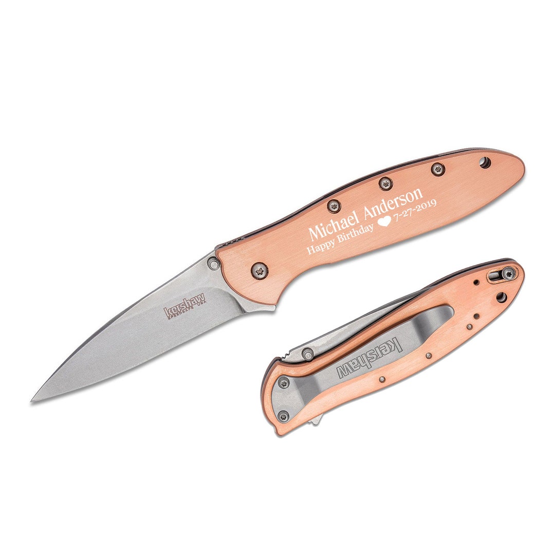 Kershaw Pocket Knife Engraved. Leek Flipper Knife 3 Stonewashed Blade