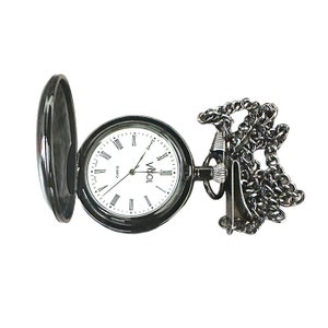May include: A black pocket watch with a white face and Roman numeral hour markers. The watch has a chain attached to it.