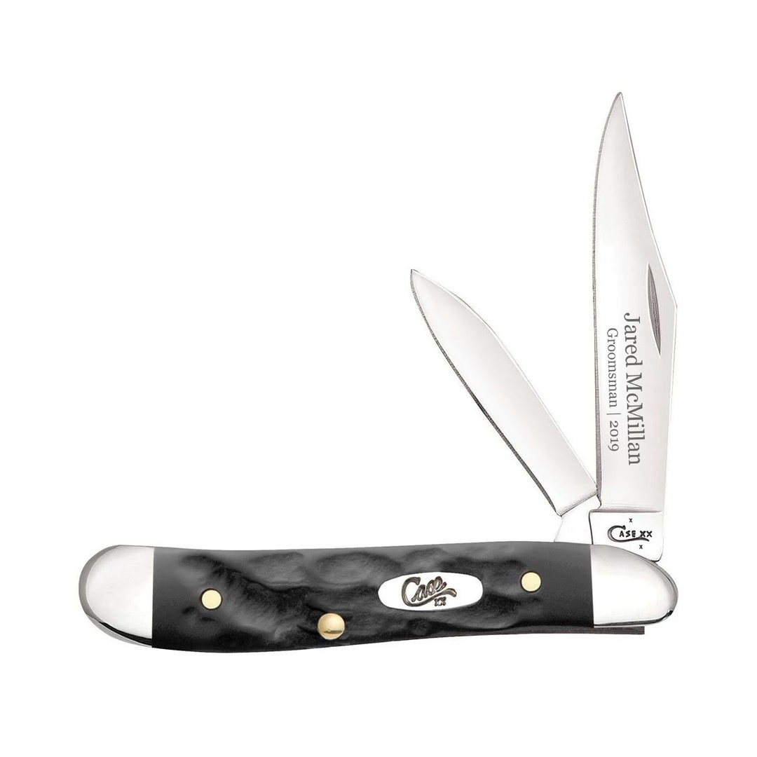 Case Knife Engraved, Rough Black Synthetic Peanut Knife, Groomsmen