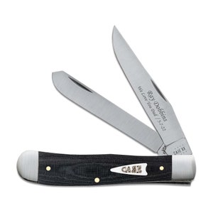 May include: A Case XX pocket knife with a black handle and silver blades. The open blade displays the inscription "Ray Dobbins We Love You Dad / 5-7-22". The knife has a silver bolster and brass rivets.