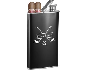 Cigar Flask Personalized, Golfer Flask Engraved, Cigar Flask combo Engraved, Golfer Gifts for men, Golf Gifts Engraved - 2042