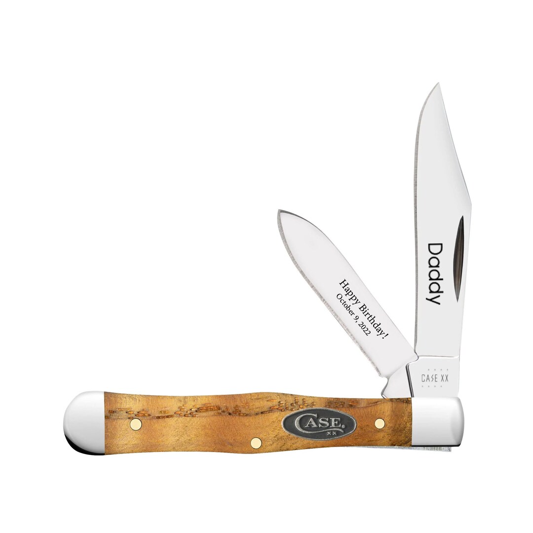 Case Knife Engraved Yellow Curly Oak Small Swell Center Jack Etsy