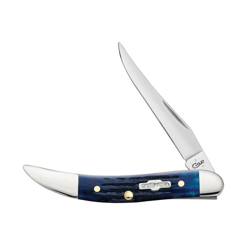 K&ouml;nnte beinhalten: Ein blaues und silbernes Taschenmesser mit einem gebogenen Griff und einer einzelnen Klinge. Das Messer ist geschlossen und die Klinge ist sichtbar.